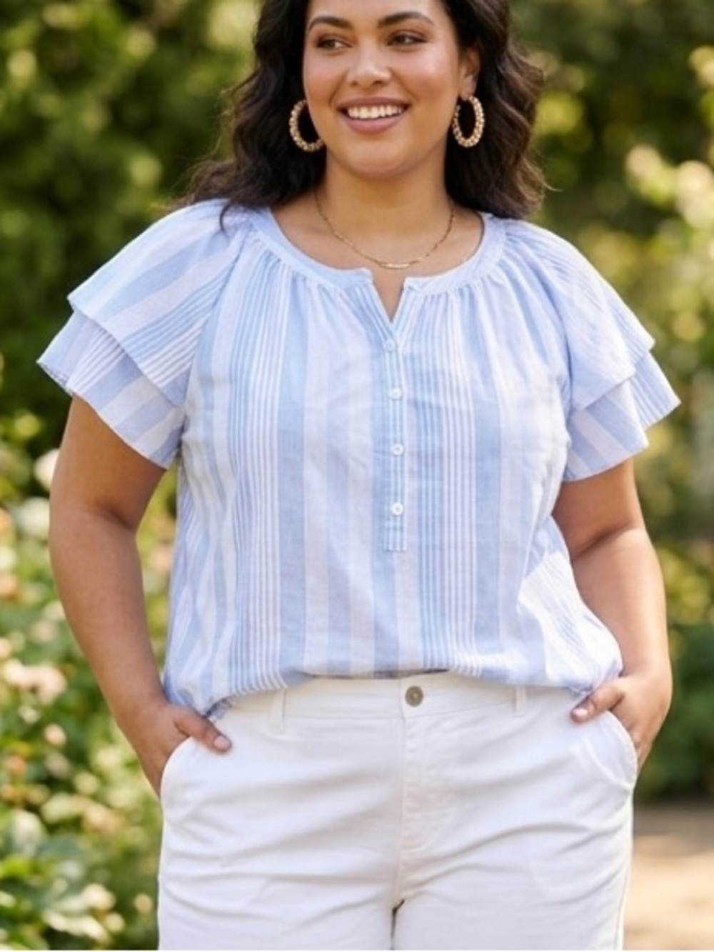 Gibson Latimer Cotton Vertical Stripe Short Sleeve Blouse Blue Stripe XXL